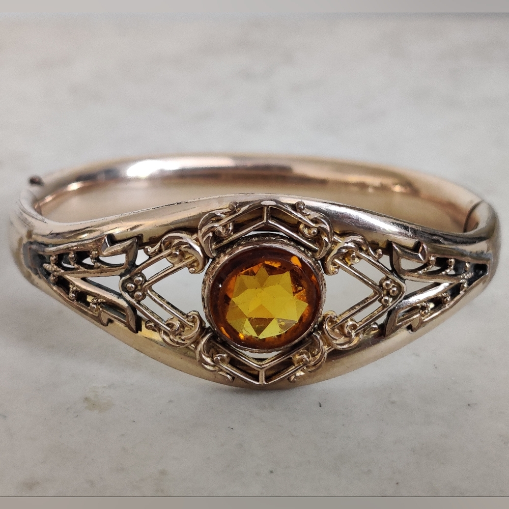 Elegant 12KGF Victorian Hinged Cuff Bracelet with Faceted Amber Glass Stone